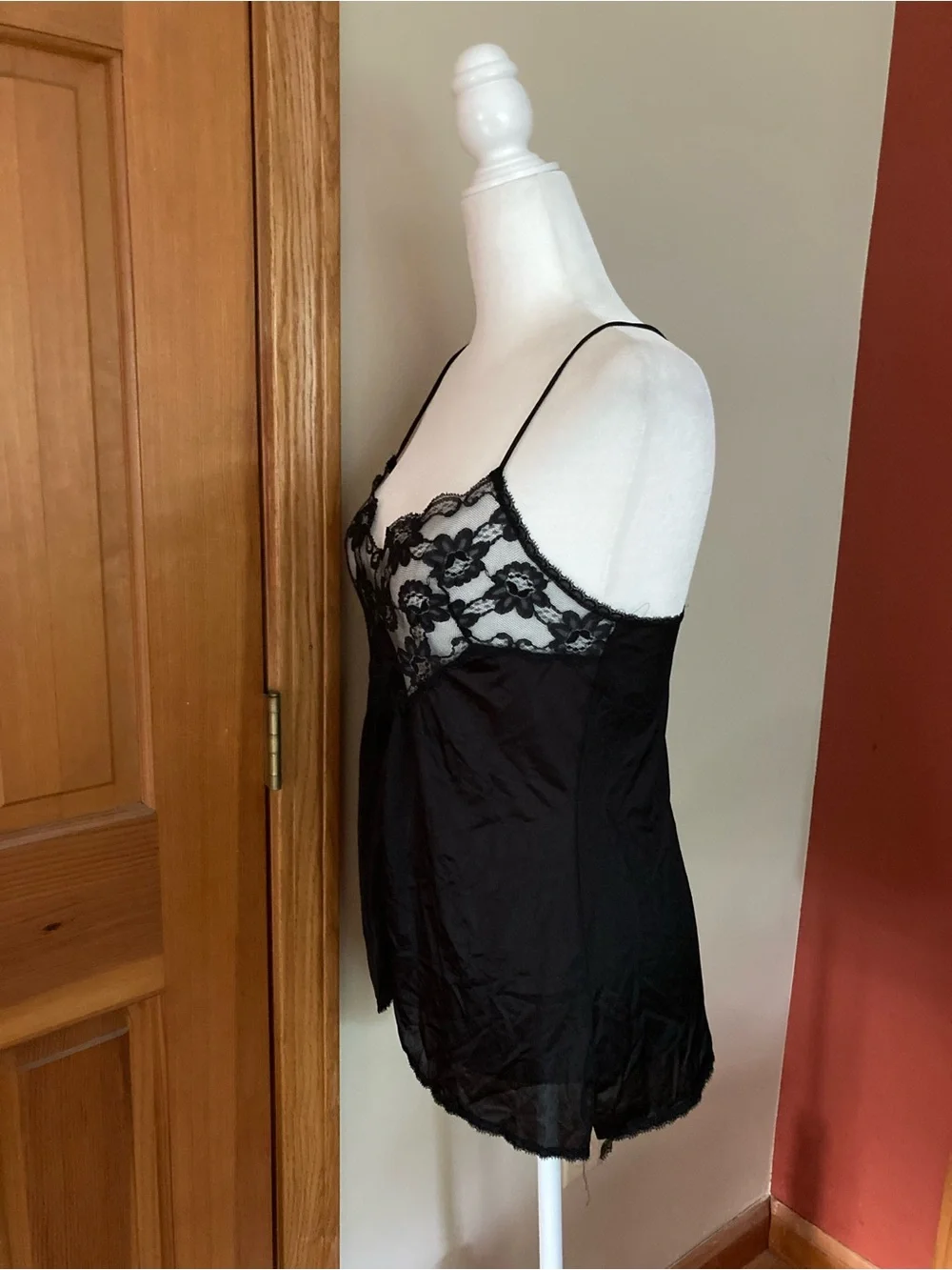 Vintage Kayser Black Lace Trim Satin Chemise - Women's Intimates Size Small - Picture 3 of 7
